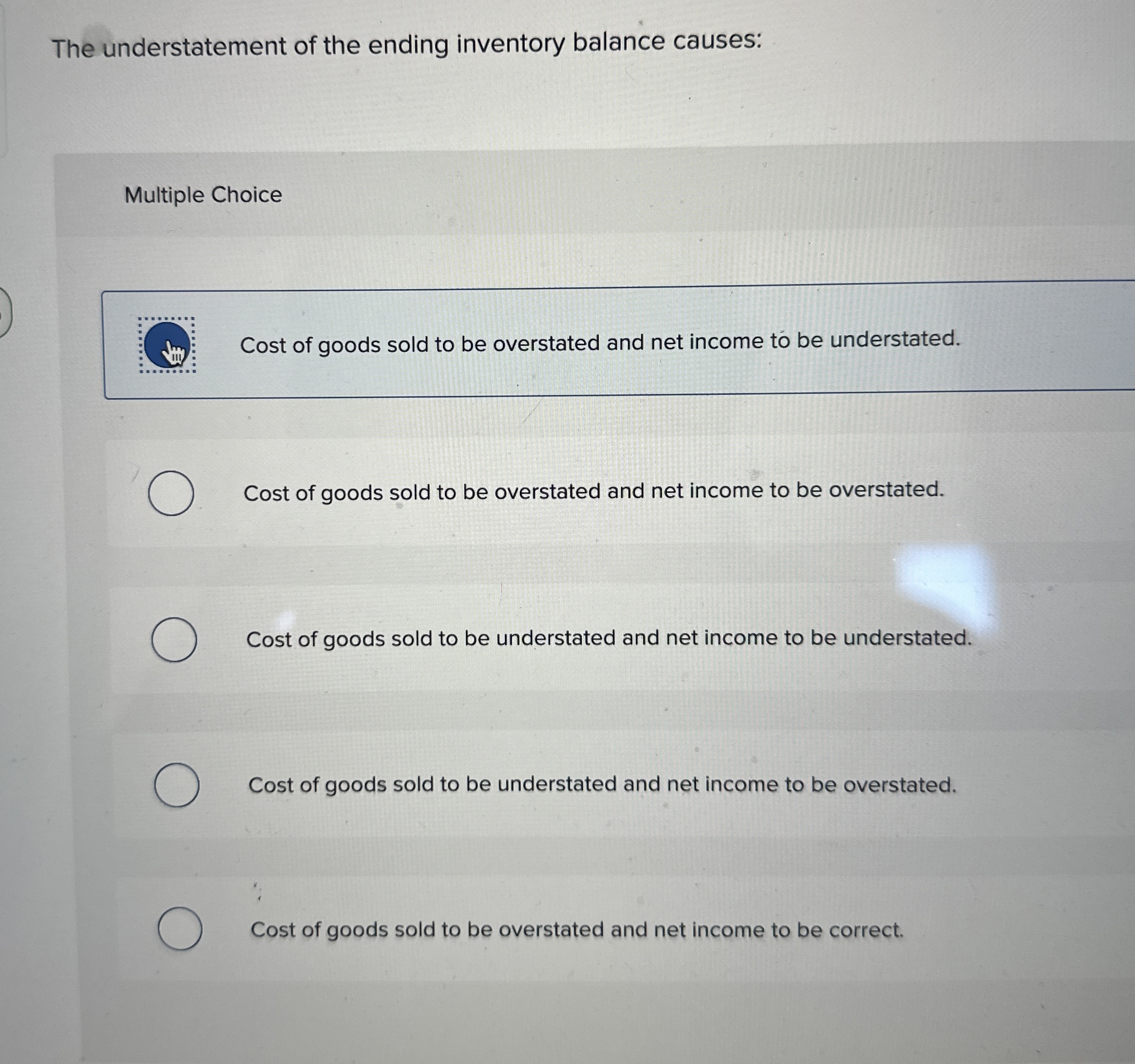 Solved The understatement of the ending inventory balance | Chegg.com