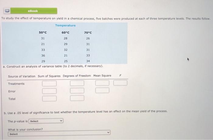 Solved eBook To study the effect of temperature on yield in | Chegg.com