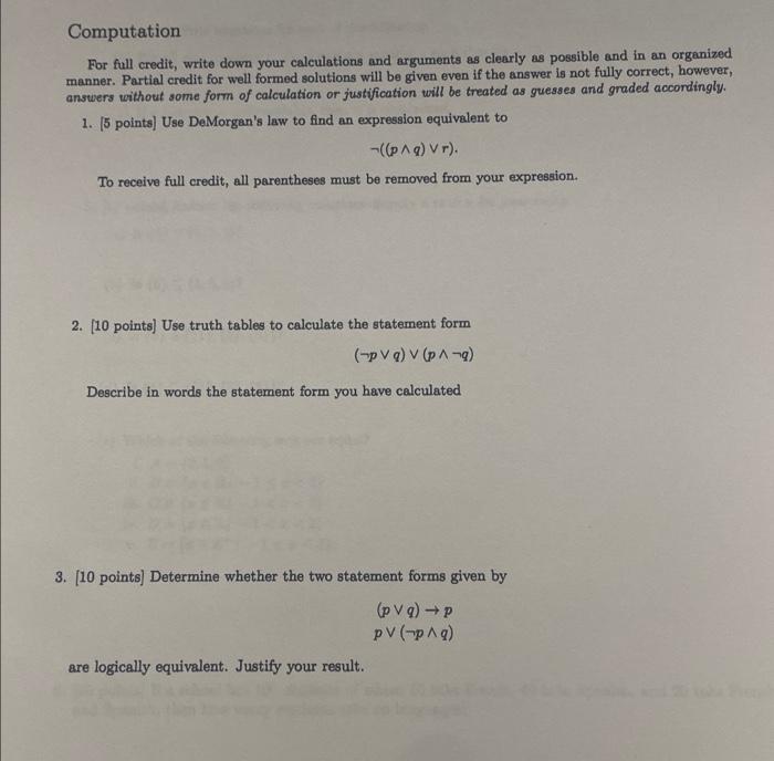 Solved Computation For full credit, write down your | Chegg.com