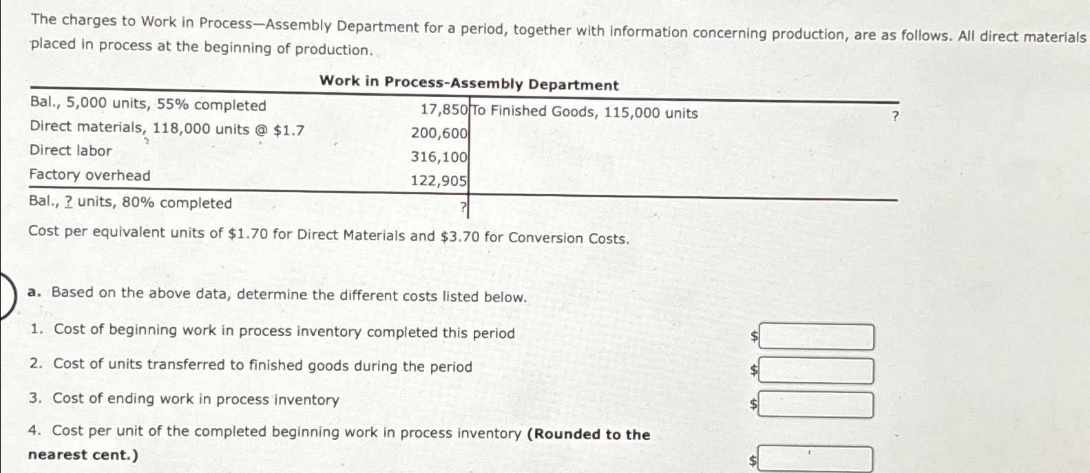 Solved The charges to Work in Process-Assembly Department | Chegg.com
