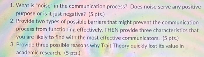 Solved 1. What is "noise" in the communication process? Does | Chegg.com