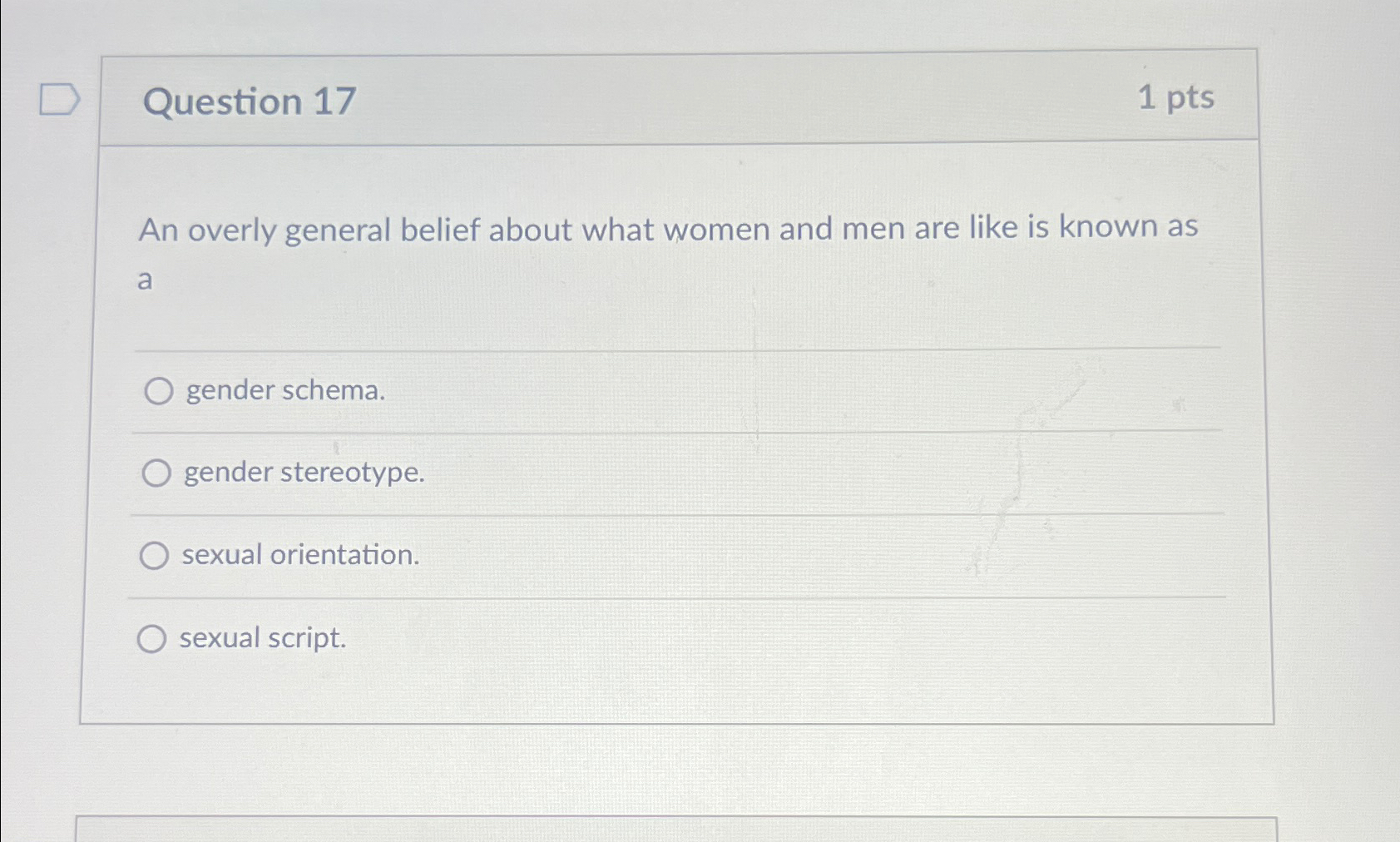 Solved Question 171ptsAn overly general belief about what | Chegg.com