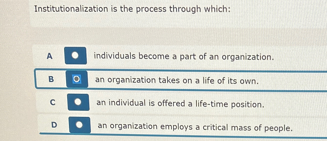 Solved Institutionalization is the process through which:A | Chegg.com