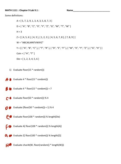 Solved Name Math 1111 Chapter 9 Lab 9 1 Some Definitions Chegg Com