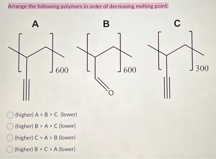 Solved Arrange the following polymers in order of decreasing | Chegg.com