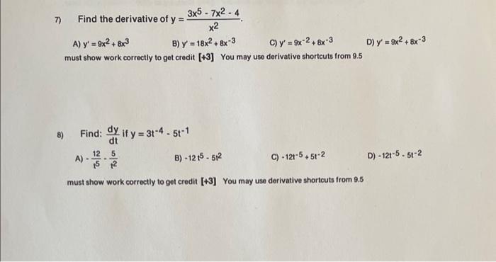 Solved 7 Find The Derivative Of Y X23x5−7x2−4 A