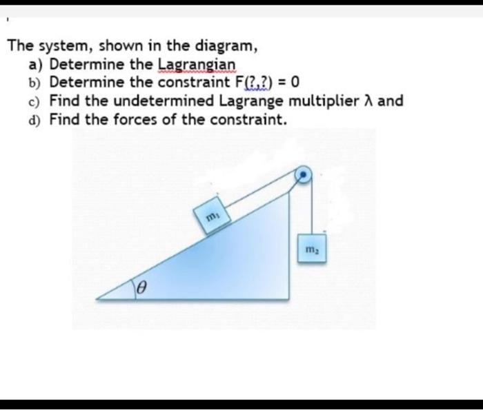 The system, shown in the diagram,
a) Determine the Lagrangian
b) Determine the constraint \( F(?, ?)=0 \)
c) Find the undeter