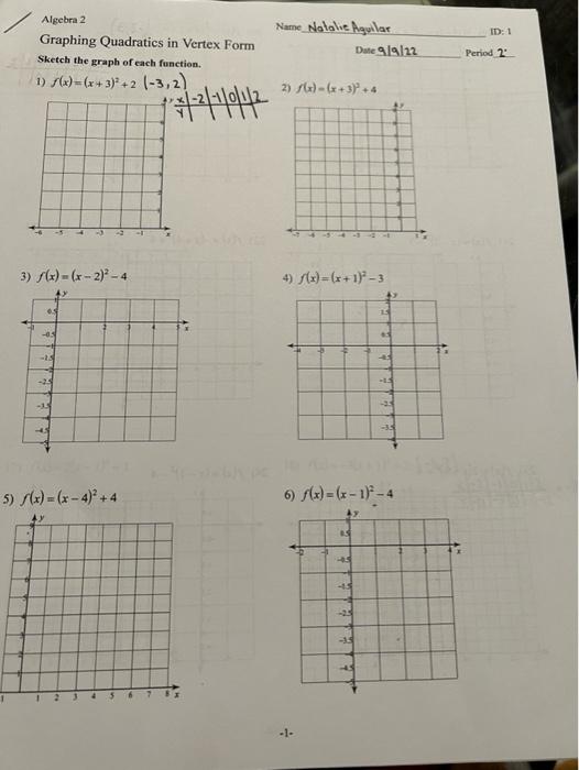 Graphing Quadratics in Vertex Form
Date \( 9 / 9 / 22 \)
Period \( 2^{\circ} \)
Sketch the graph of each function.
1) \( f(x)