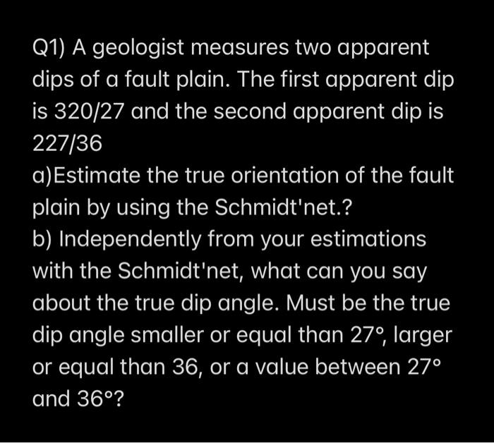 Solved Q1) A geologist measures two apparent dips of a fault | Chegg.com