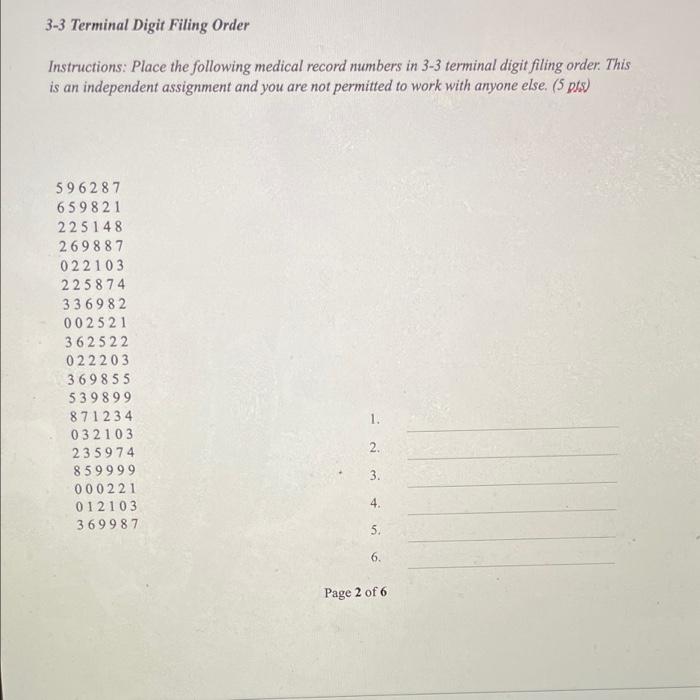 Solved 33 Terminal Digit Filing Order Instructions Place