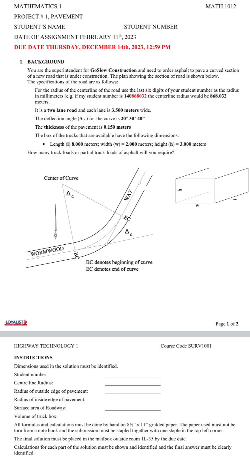 Solved MATHEMATICS 1MATH 1012PROJECT # 1, ﻿PAVEMENTSTUDENT'S | Chegg.com