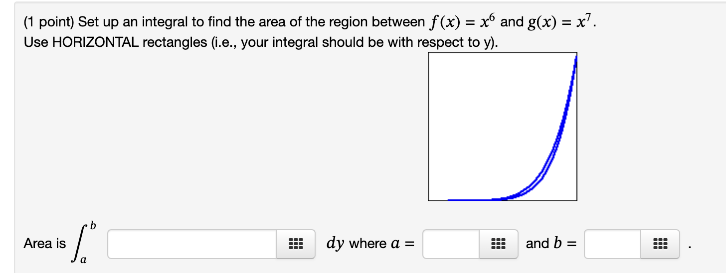 Solved (1 ﻿point) ﻿Set up an ﻿integral to ﻿find the area of | Chegg.com