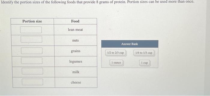 Solved Identify the portion sizes of the following foods | Chegg.com