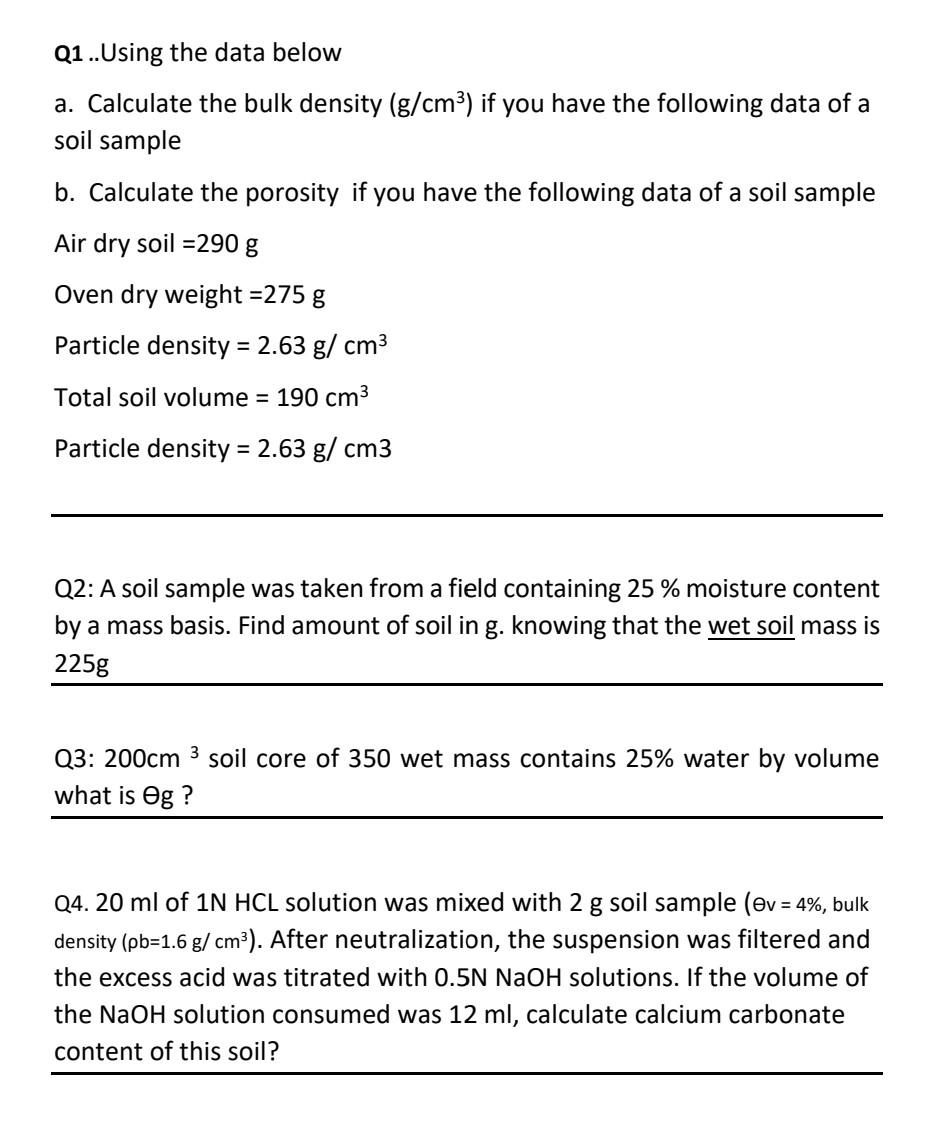 Solved Q1 ..Using the data below a. Calculate the bulk