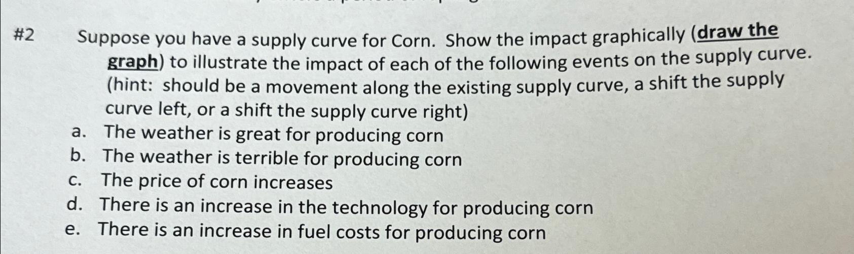 Solved #2 ﻿Suppose you have a supply curve for Corn. Show | Chegg.com
