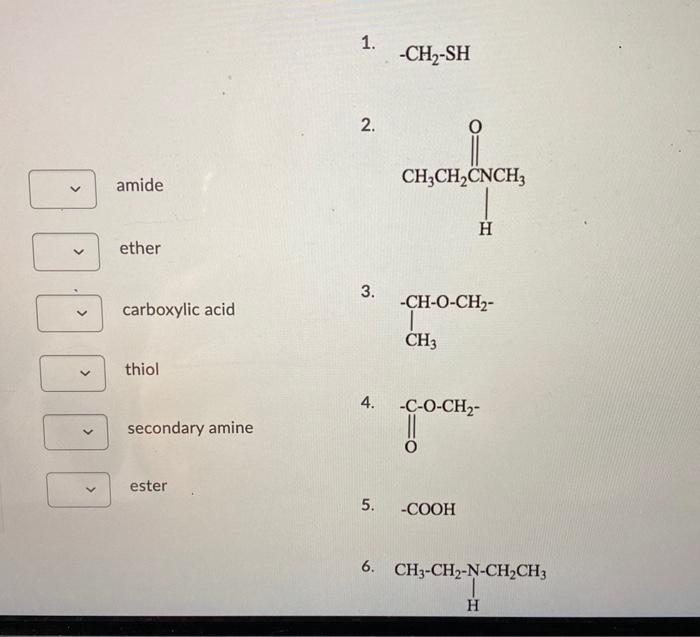 Solved 1. -CH2-SH 2. CH,CH_CNCH > amide H ether 3. | Chegg.com