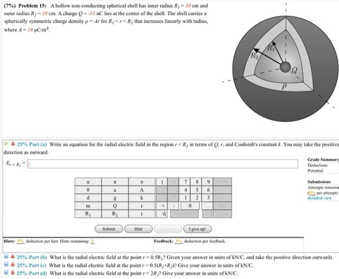 Solved (7%) Problem 15: A hollow non-conducting spherical | Chegg.com