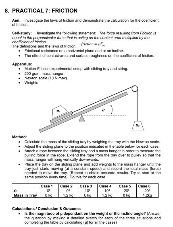 Solved 8. PRACTICAL 7: FRICTION Aim: Investigate the laws of | Chegg.com