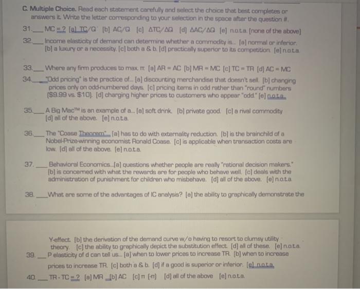 Solved C Multiple Choice. Read each statement carefully and | Chegg.com
