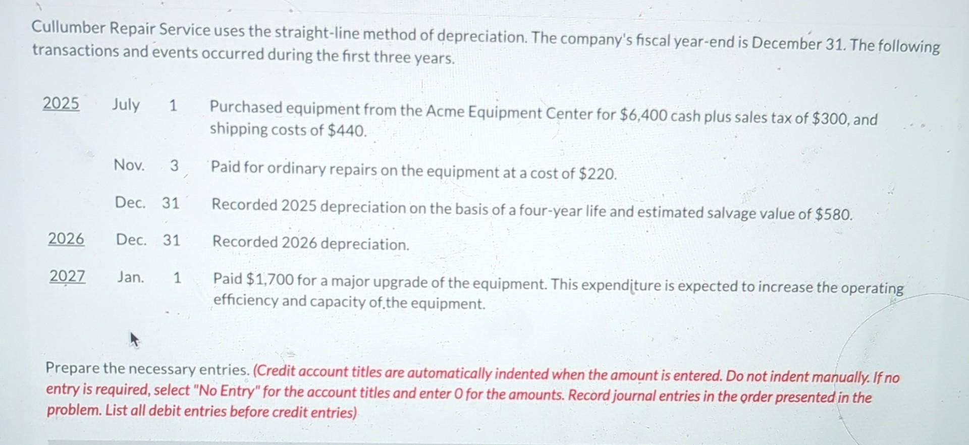 Solved Cullumber Repair Service uses the straight-line | Chegg.com