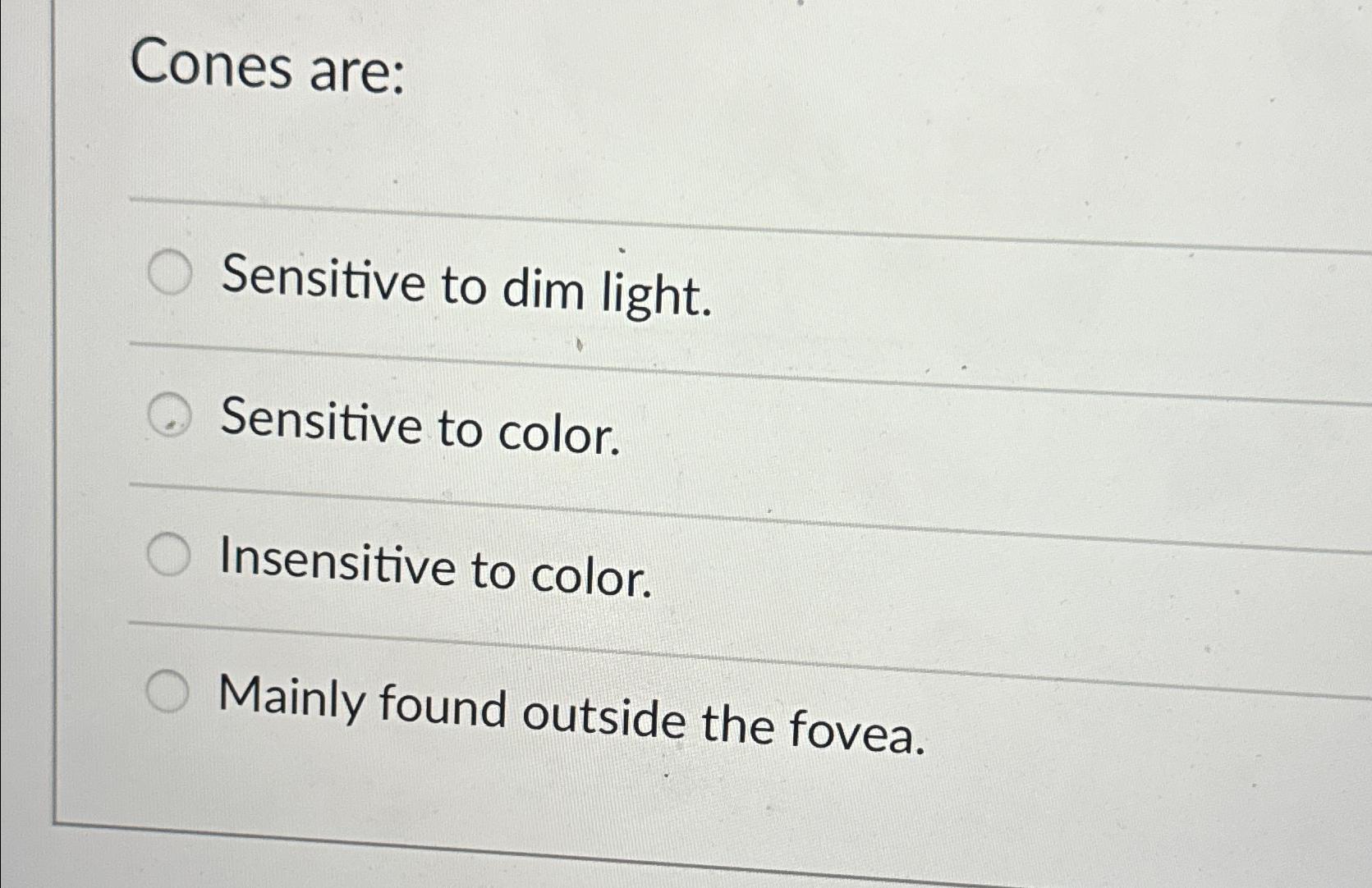 Solved Cones areSensitive to dim light.Sensitive to