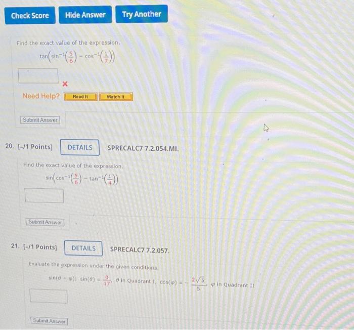 Solved Check Score Find the exact value of the expression. | Chegg.com