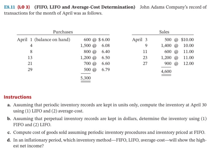 Solved E8.11 (LO 3) (FIFO, LIFO and Average-Cost | Chegg.com