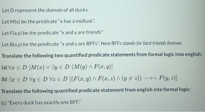 Solved Let D represent the domain of all ducks. Let M(x) be | Chegg.com