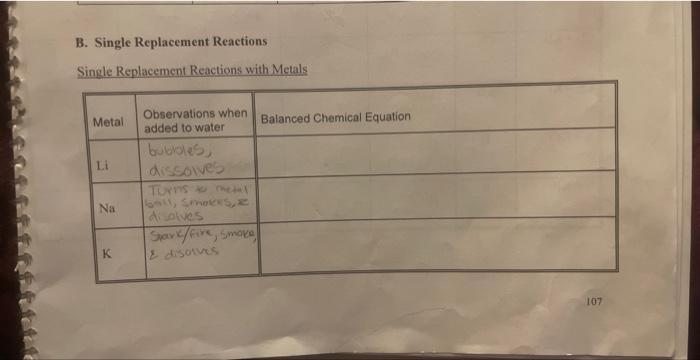 Solved B. Single Replacement Reactions Single Replacement | Chegg.com