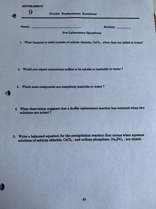 Solved EXPERIMENT 9 Double Replacement Reactions Name: | Chegg.com