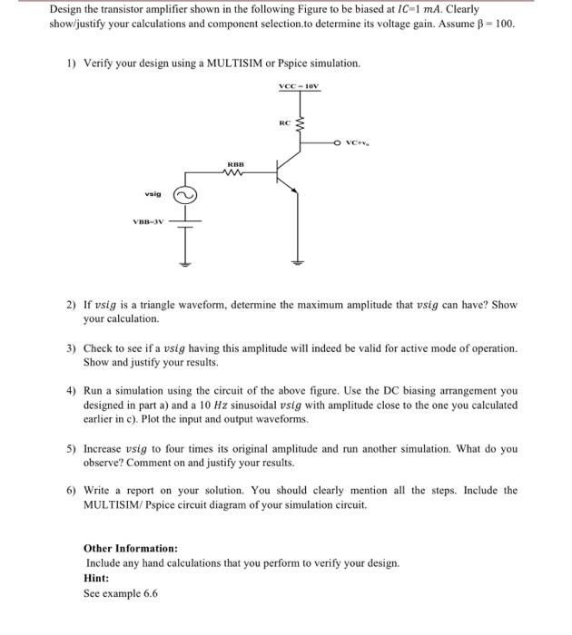 Solved Design the transistor amplifier shown in the | Chegg.com