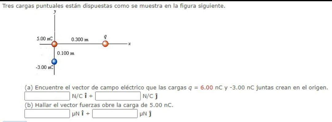 (a) Encuentre el vector de campo eléctrico que las cargas \( q=6.00 \mathrm{nC} \) y \( -3.00 \mathrm{nC} \) juntas crean en