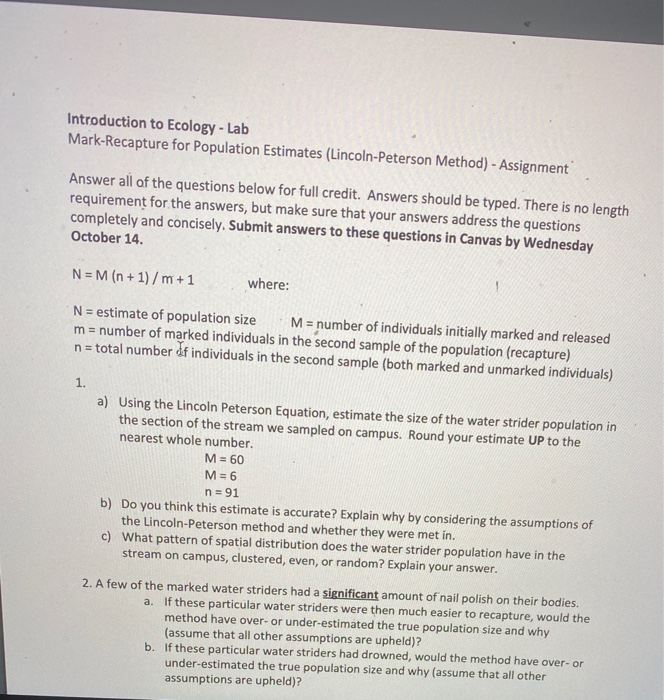 Solved Introduction To Ecology - Lab Mark-Recapture For | Chegg.com
