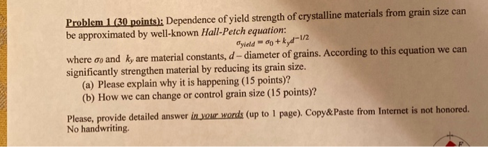 Yield Strength Sample Problem Solved Problem 1 (30 points): Dependence of yield strength | Chegg.com