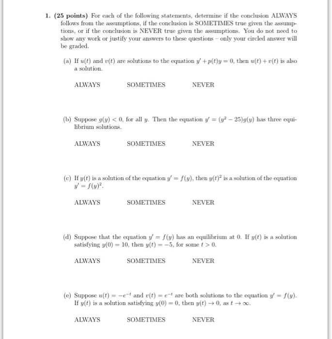 Solved 1. (25 points) For each of the following statements, | Chegg.com