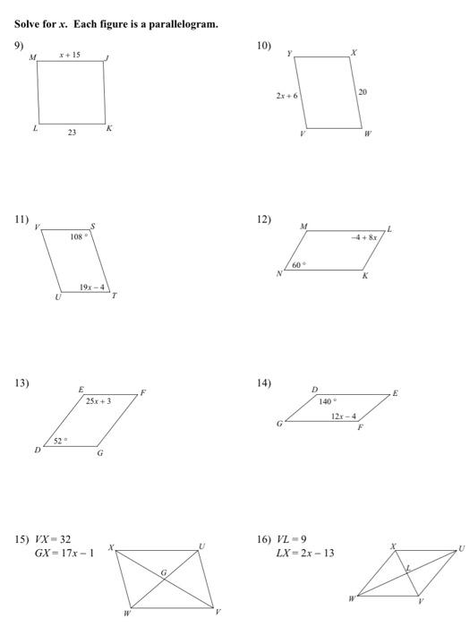Solved Solve for .x. Each figure is a parallelogram. . 9) | Chegg.com