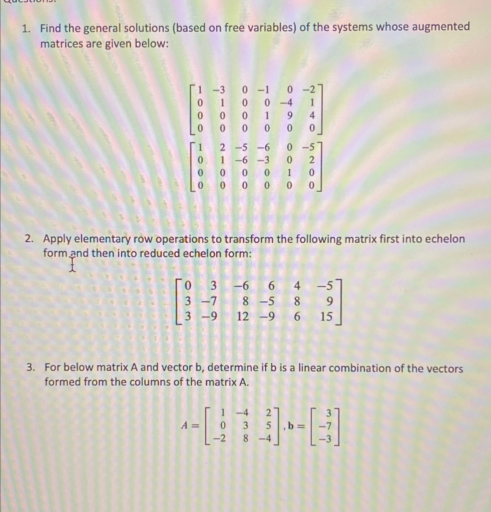 Find the general solutions (based on free variables) | Chegg.com