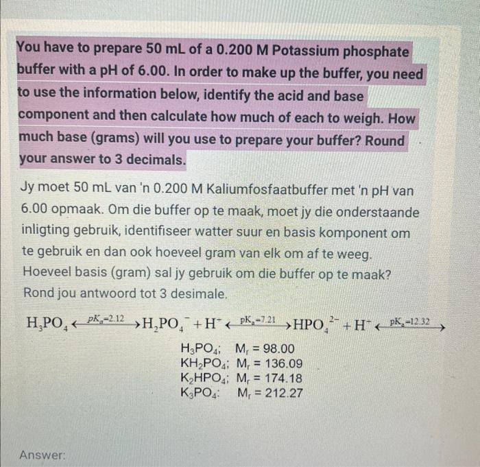 Solved You have to prepare 50 mL of a 0.200M Potassium | Chegg.com