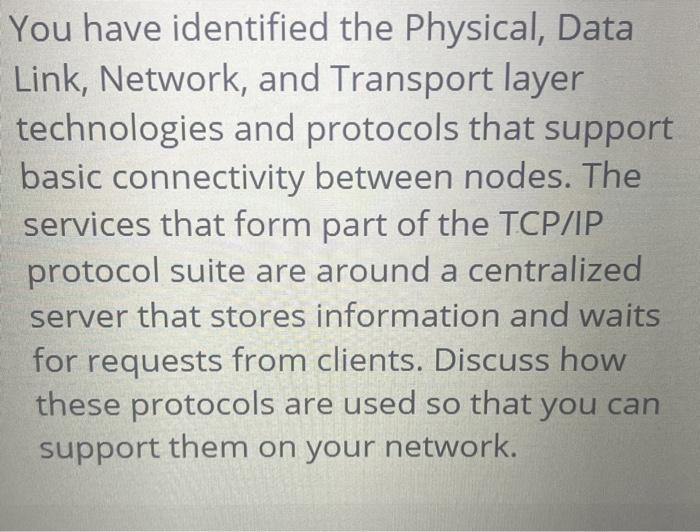 Solved You have identified the Physical, Data Link, Network, | Chegg.com
