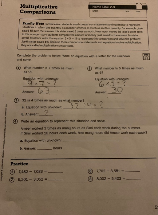 creating mathematical representations home link 2 8