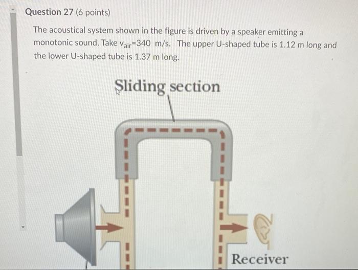 Question 27 (6 points)
The acoustical system shown in the figure is driven by a speaker emitting a
monotonic sound. Take Vair