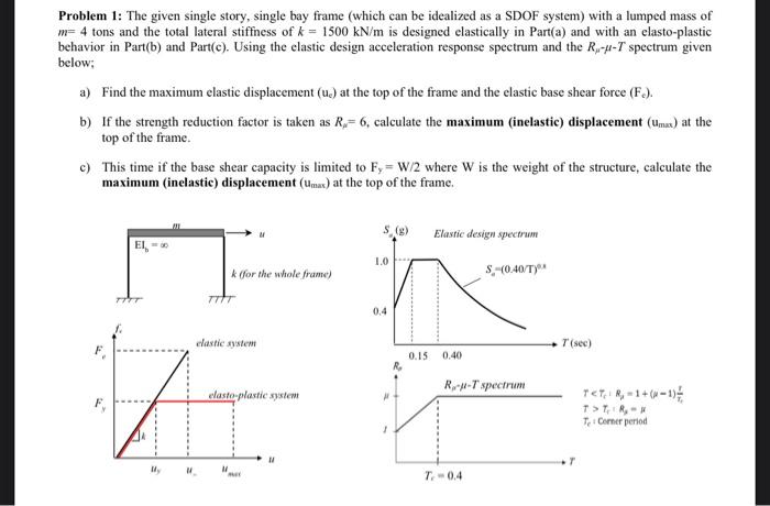 Problem 1: The given single story, single bay frame (which can be idealized as a SDOF system) with a lumped mass of \( m=4 \)