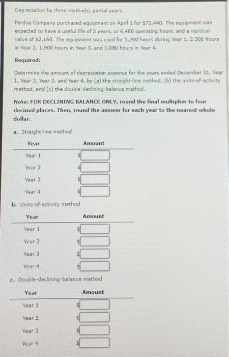 Solved Depreciation by three methods: partial years Perdue | Chegg.com