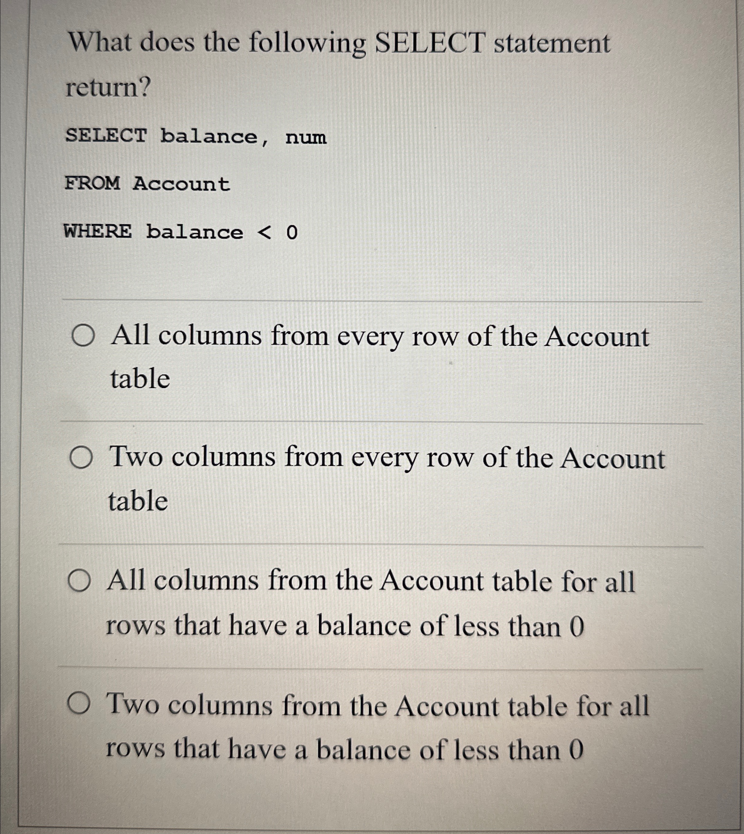 Solved What does the following SELECT statement | Chegg.com