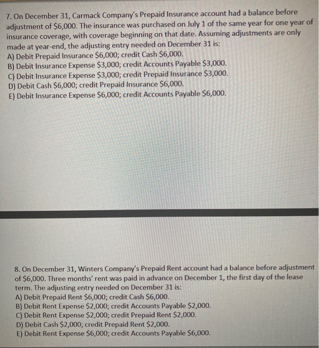 Solved 7. On December 31, Carmack Company's Prepaid