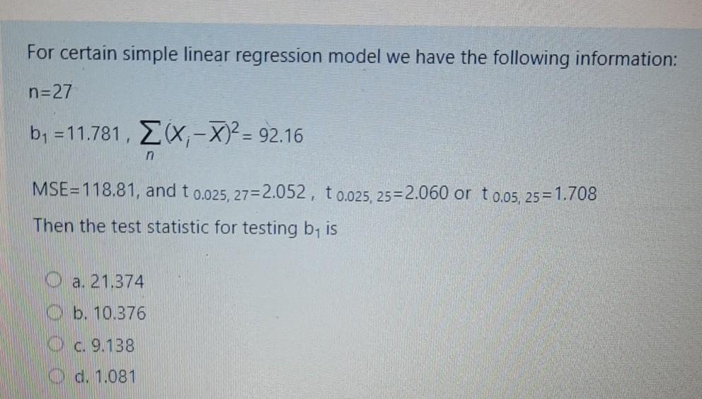 Solved For certain simple linear regression model we have | Chegg.com