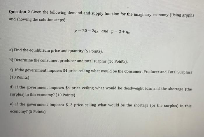 Solved Question-2 Given the following demand and supply | Chegg.com