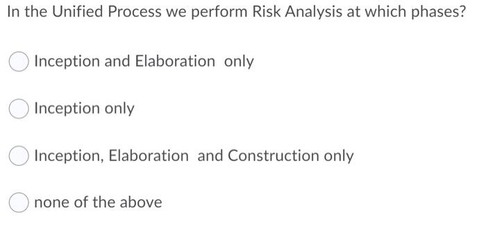 Solved In the Unified Process we perform Risk Analysis at | Chegg.com