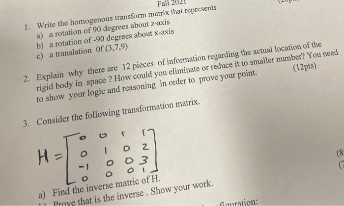 Solved Fall 1. Write the homogenous transform matrix that | Chegg.com