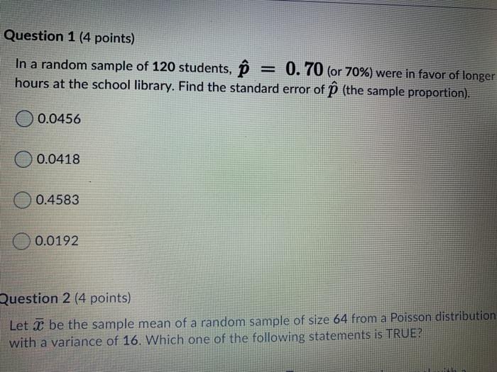 Solved Question 1 (4 points) In a random sample of 120 | Chegg.com